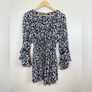Blue Island Black and White Flare Sleeve Open Front Mini Dress Coverup
